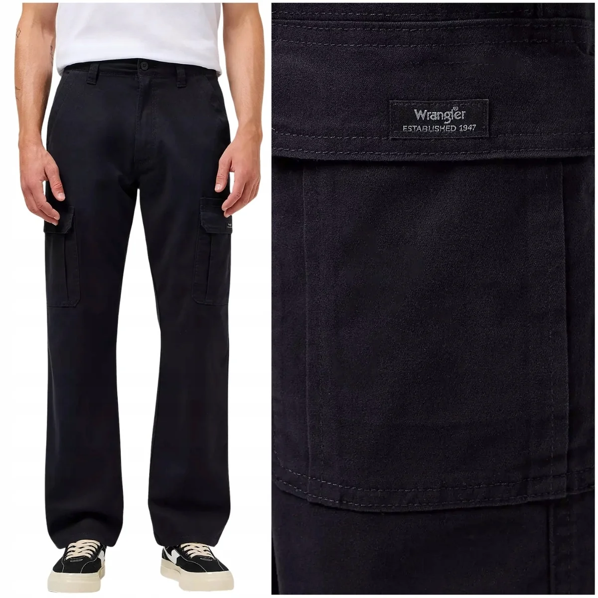 Wrangler Relaxed Cargo Black luźne spodnie materiałowe bojówki W40 L32