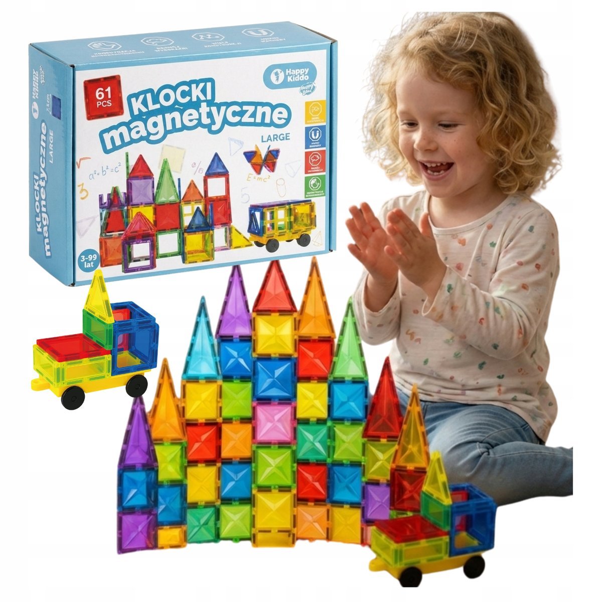 Klocki Magnetyczne Happy Kiddo 61El Konstrukcyjne Budowlane Edukacyjne 3+