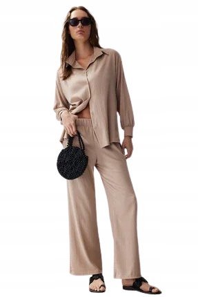TRENDYOL BEŻOWY LUŹNY KOMPLET Z KOSZULOWĄ BLUZĄ LNIANY 36 5_A
