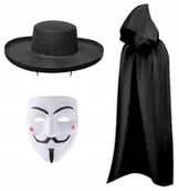 Dodatki do strojów karnawałowych - ZESTAW STRÓJ VENDETTA ANONYMOUS PELERYNA CZARNA 140cm + MASKA + KAPELUSZ - miniaturka - grafika 1