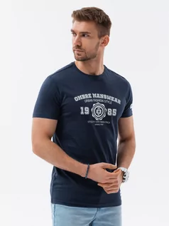 Koszulki męskie - T-shirt męski bawełniany z nadrukiem - granatowy V3 S1748 - grafika 1