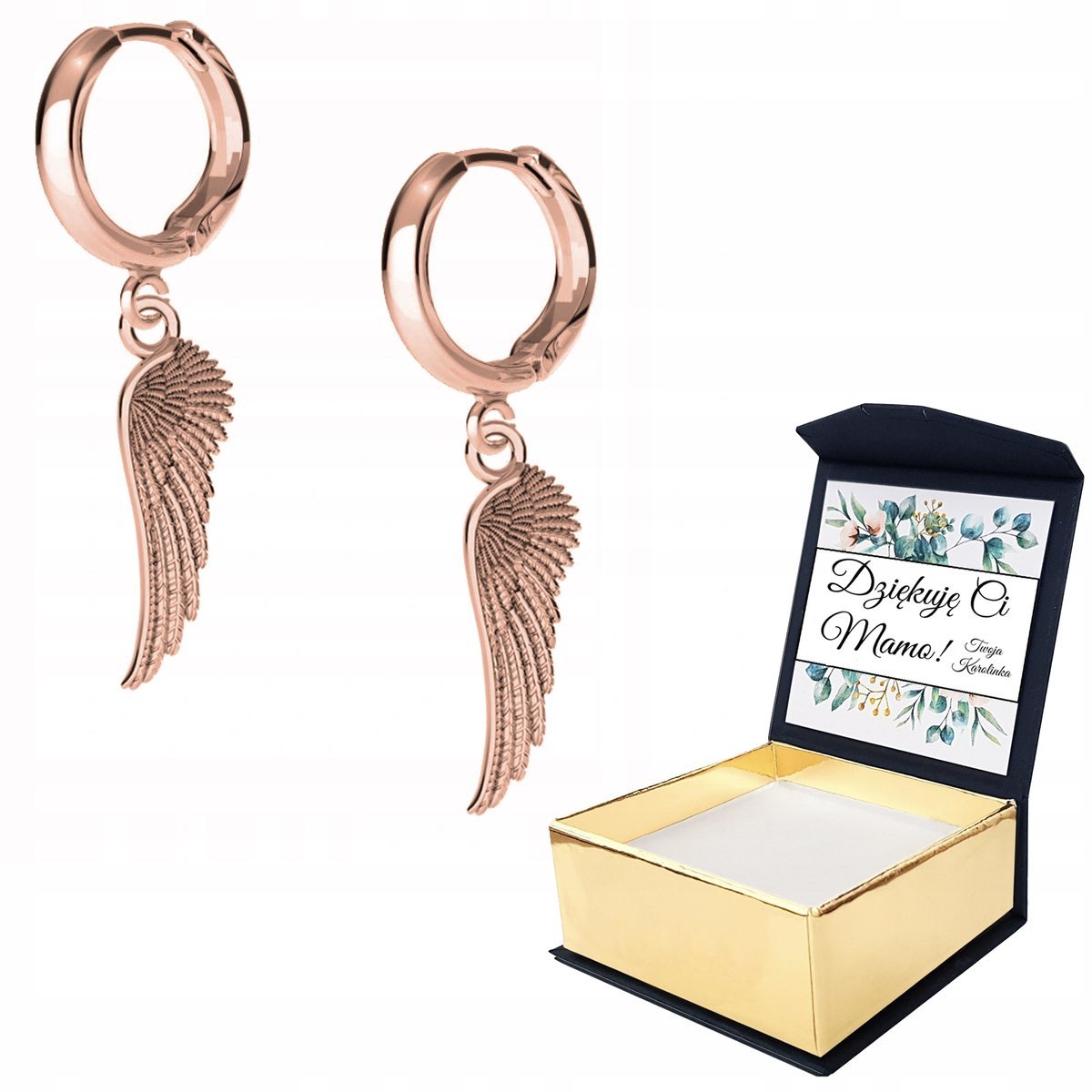 Kolczyki różowe złoto Skrzydła + WŁASNY NADRUK