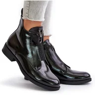 Botki damskie - Lakierowane Niskie Botki Damskie Na Płaskim Obcasie Ocieplane Czarne S.Barski HY42-120 Czarne - miniaturka - grafika 1