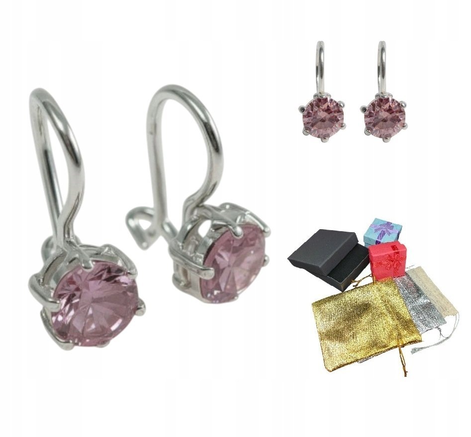 Klasyczne Srebrne 925 Kolczyki Bigle Z Różową Cyrkonią Na Gwiazdkę Prezent