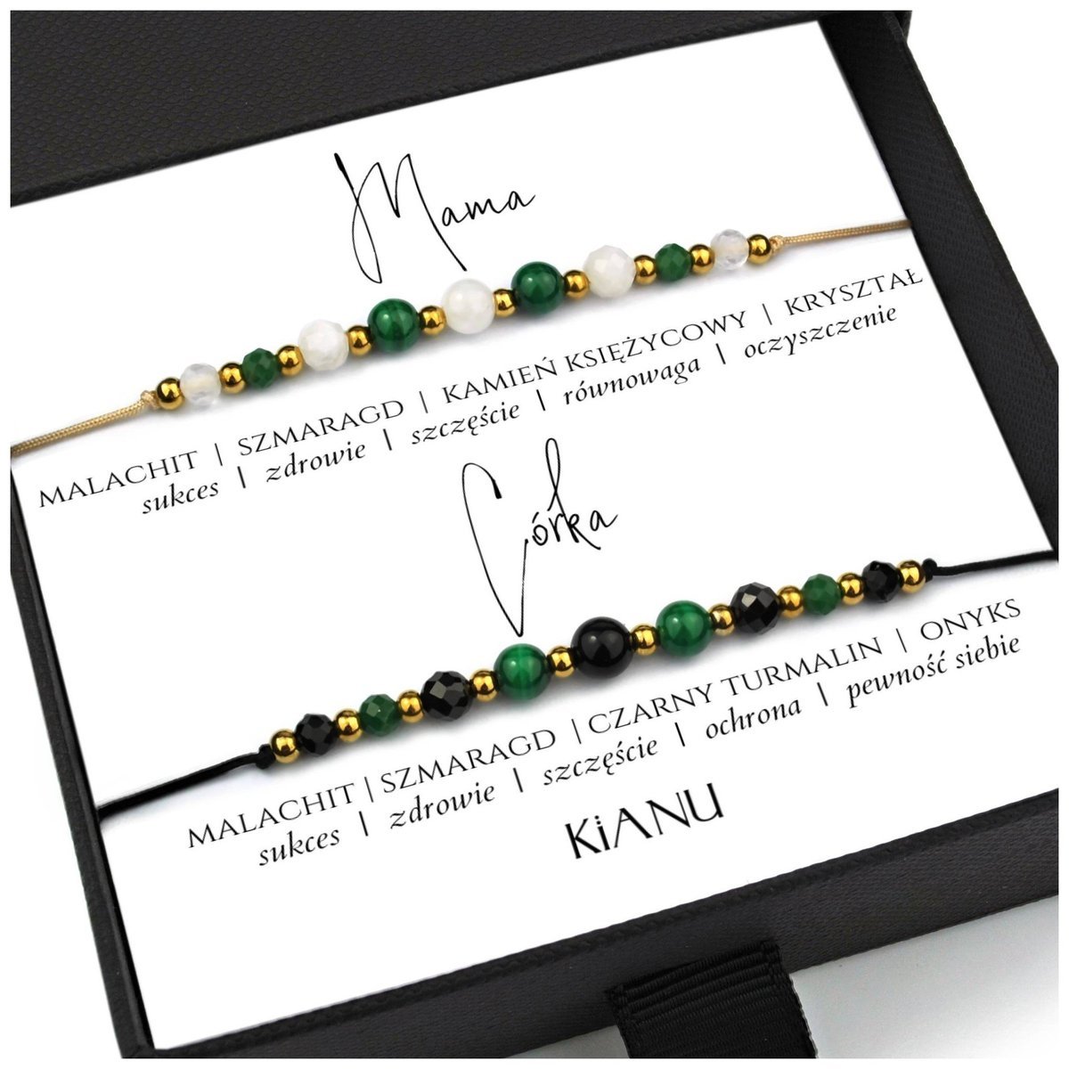 Zestaw Bransoletek z Kamieni Naturalnych MALACHIT Czarny Turmalin Onyks Kamień Księżycowy Kryształ Górski Srebro Złoto 24K Prezent na Dzień Mamy