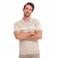 Koszulki męskie - Męska koszulka polo z dzianiny z kontrastami beżowa V4 OM-POSS-0118 XXL - miniaturka - grafika 1