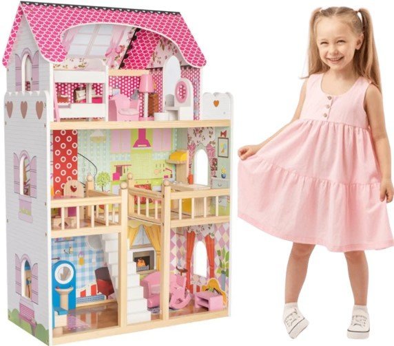 Przenośny duży domek z drewna z mebelkami dla dziewczynki DO ZABAWY LALKAMI