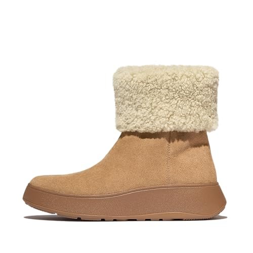 Fitflop Damskie zamszowe botki F-Mode Shearling-Collar Zip-Up, Desert Tan, 3 UK, Pustynna opalenizna, 36 EU