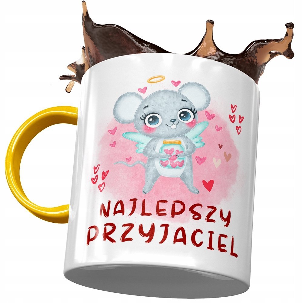 Kubek Żółty z Myszą Myszką Słodki na Prezent z Nadrukiem ze Zdjęciem + Opakowanie na prezent (wzór 03)