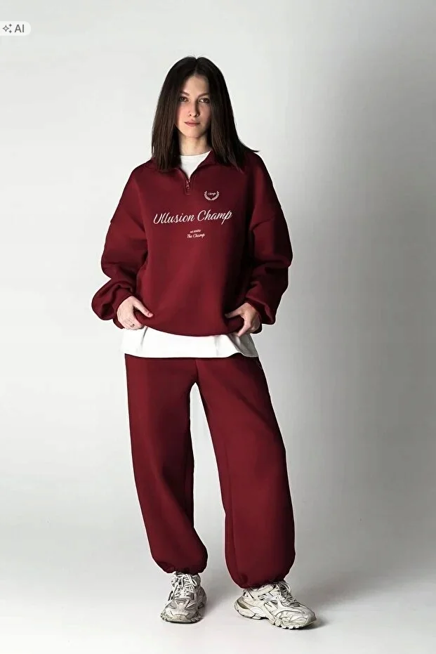 BORDOWY DRES KOMPLET SPORTOWY Z MIĘKKIEJ BAWEŁNY M 5IA