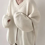 Bluzy damskie - TEMU Sweter Damski Casual z Dekoltem w Serek - Oversize, Luźny Krój, Przewiewna Bluza na Jesień i Zimę, Miękka Tkanina, Kolorowy Pullover, Modne - miniaturka - grafika 1