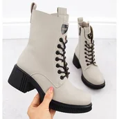 Botki damskie - Skórzane botki damskie na klocku beżowe Vinceza 66671 beżowy - miniaturka - grafika 1