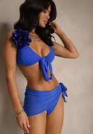 Stroje kąpielowe - Niebieskie Bikini Majtki Figi Biustonosz z Broszką Kwiatu 3D i Siateczkowe Pareo Folissa - miniaturka - grafika 1