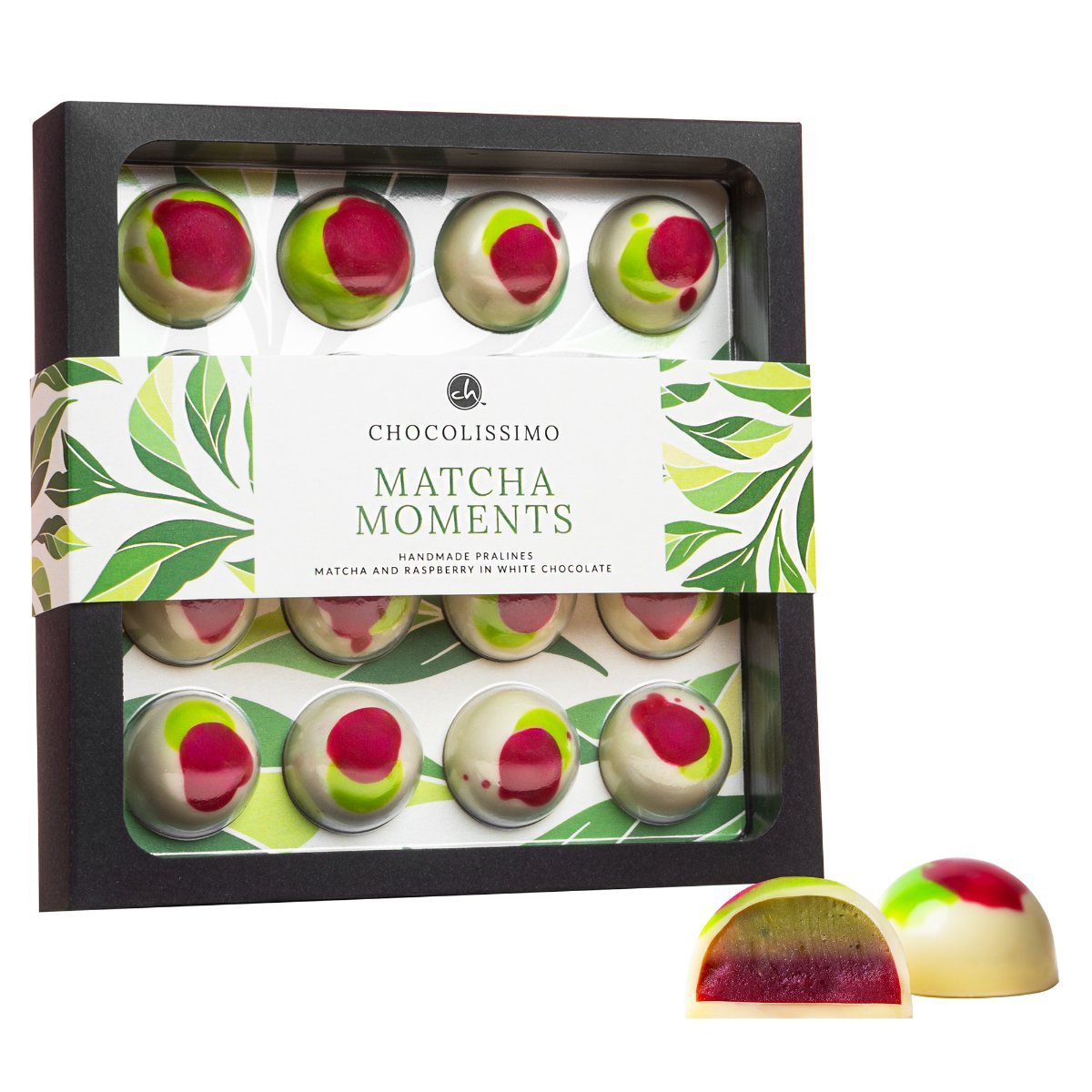 Zestaw 16 pralinek o smaku matchy i malin z belgijskiej czekolady zdobione i wykonane ręcznie na prezent 176 g
