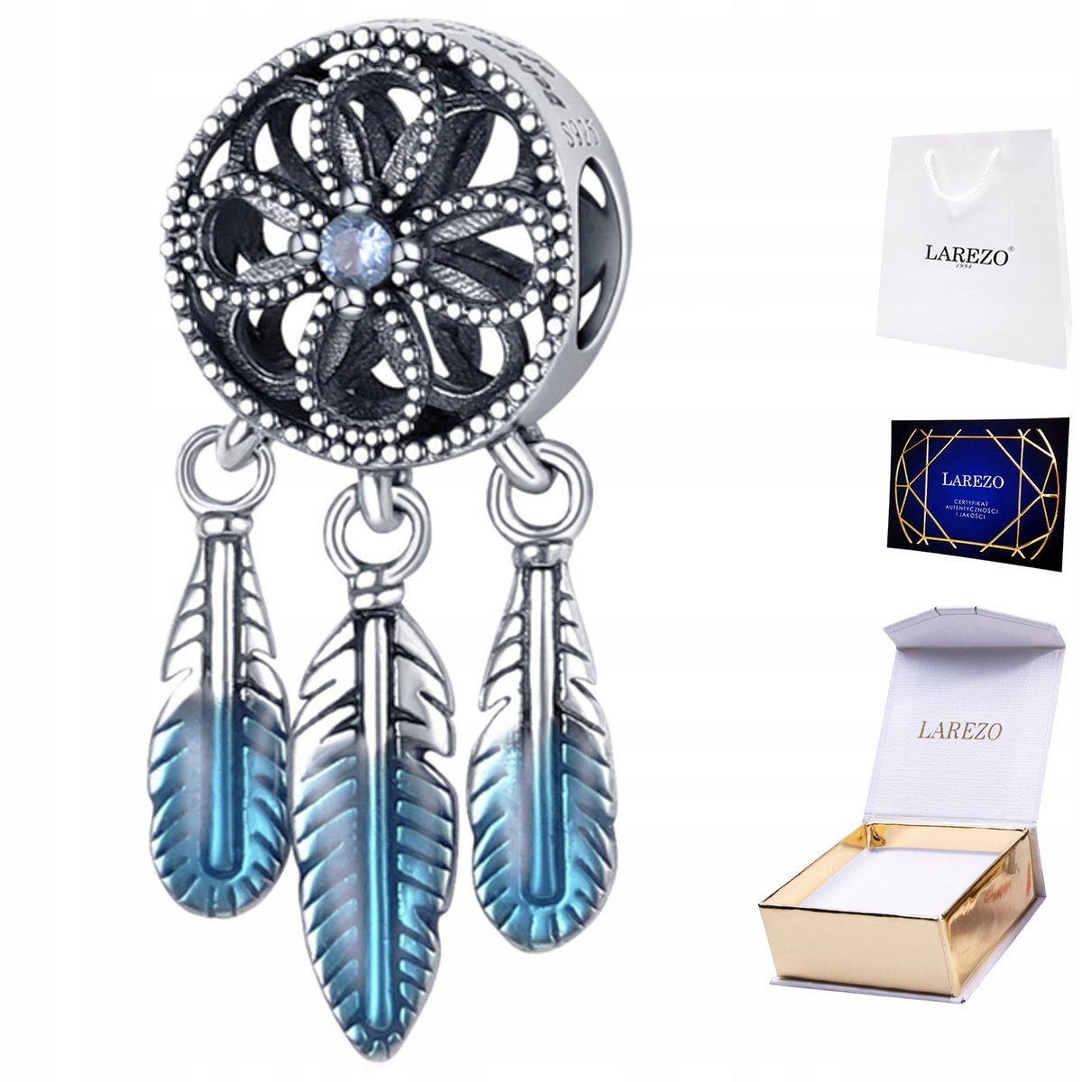 CHARMS SREBRNY Łapacz Snów Niebieski Okrągły z Piórami Pióra SREBRO 925