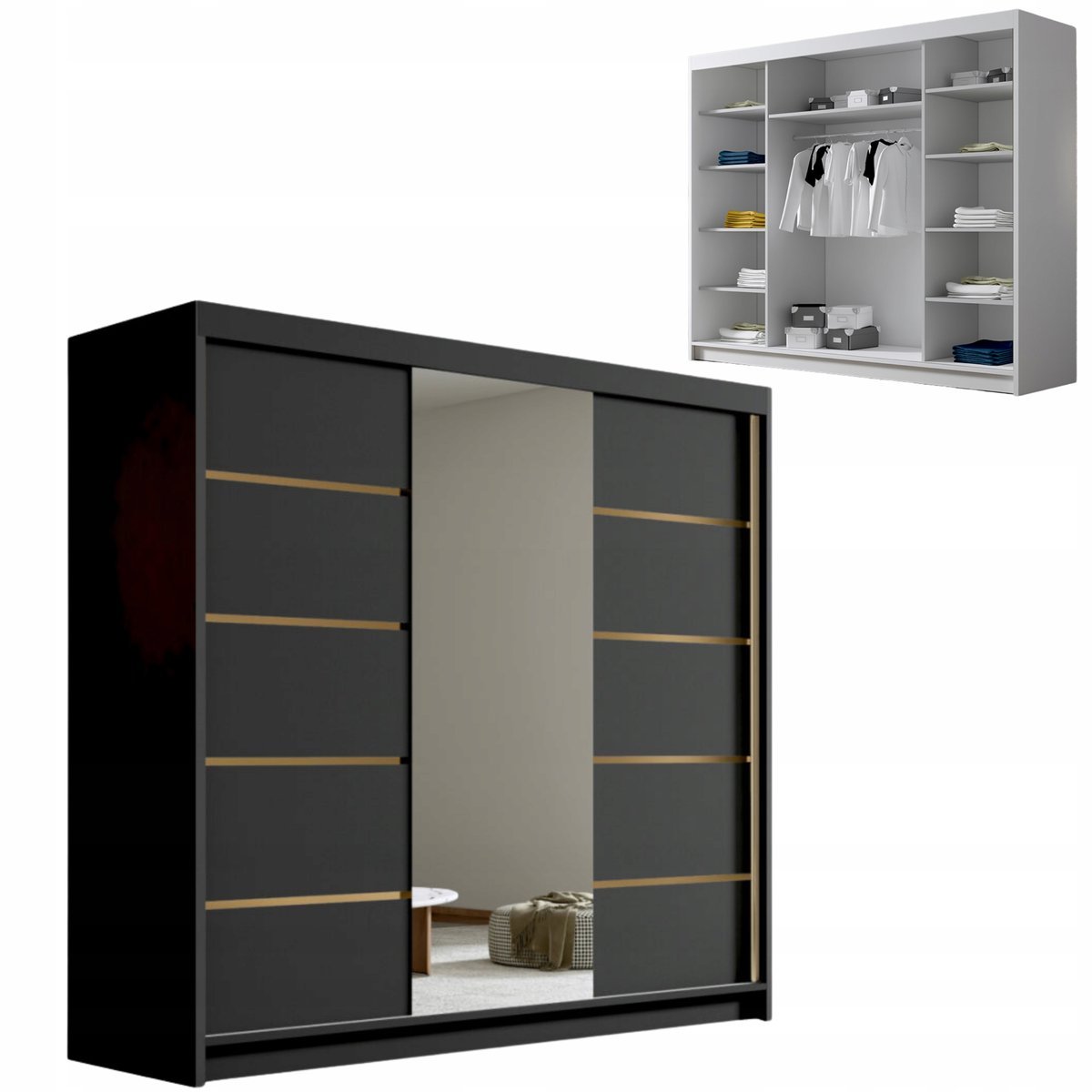 SZAFA przesuwna z lustrem 250cm ARIA VI biały POJEMNA garderoba z PÓŁKAMI