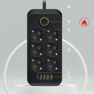 Przedłużacz Listwa zasilająca 6 gniazd gniazdka AC EU 4x USB + USB-C typ C gniazda 2500w Czarny - Listwy zasilające - miniaturka - grafika 3