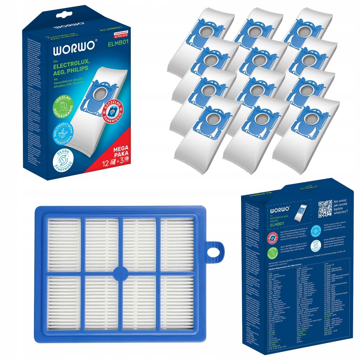 12 X Worki Elmb01 Perfekt Bag + 1 X Filtr Hepa Do Electrolux Philips Beko