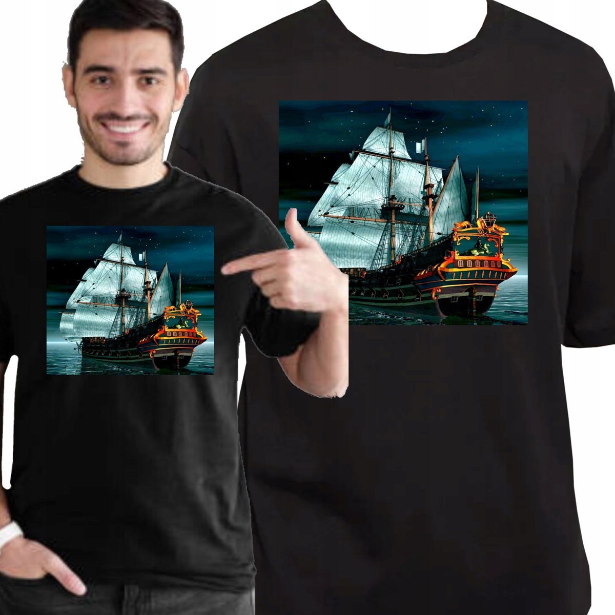 KOSZULKA MĘSKA DLA ŻEGLARZA Z NADRUKIEM STATEK JACHT ŻAGIEL L 3407 CZARNY