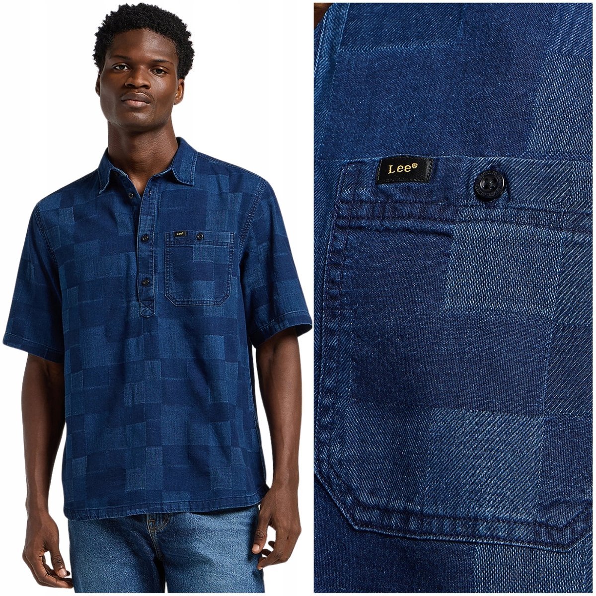 Lee POPOVER SHIRT luźna jeansowa koszula w subtelną kratę krótki rękaw L