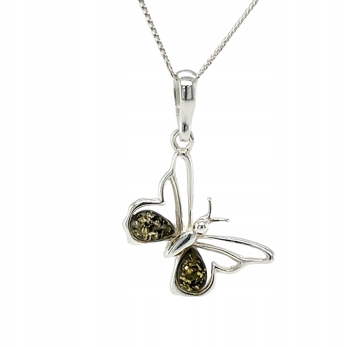 Wisiorek srebrny z bursztynem zielonym motyl ZAWIESZKA ze srebra