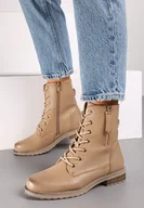 Botki damskie - Beżowe Płaskie Botki w Stylu Workerów ze Sznurowaniem z Ozdobnym Suwakiem Tarlina - miniaturka - grafika 1