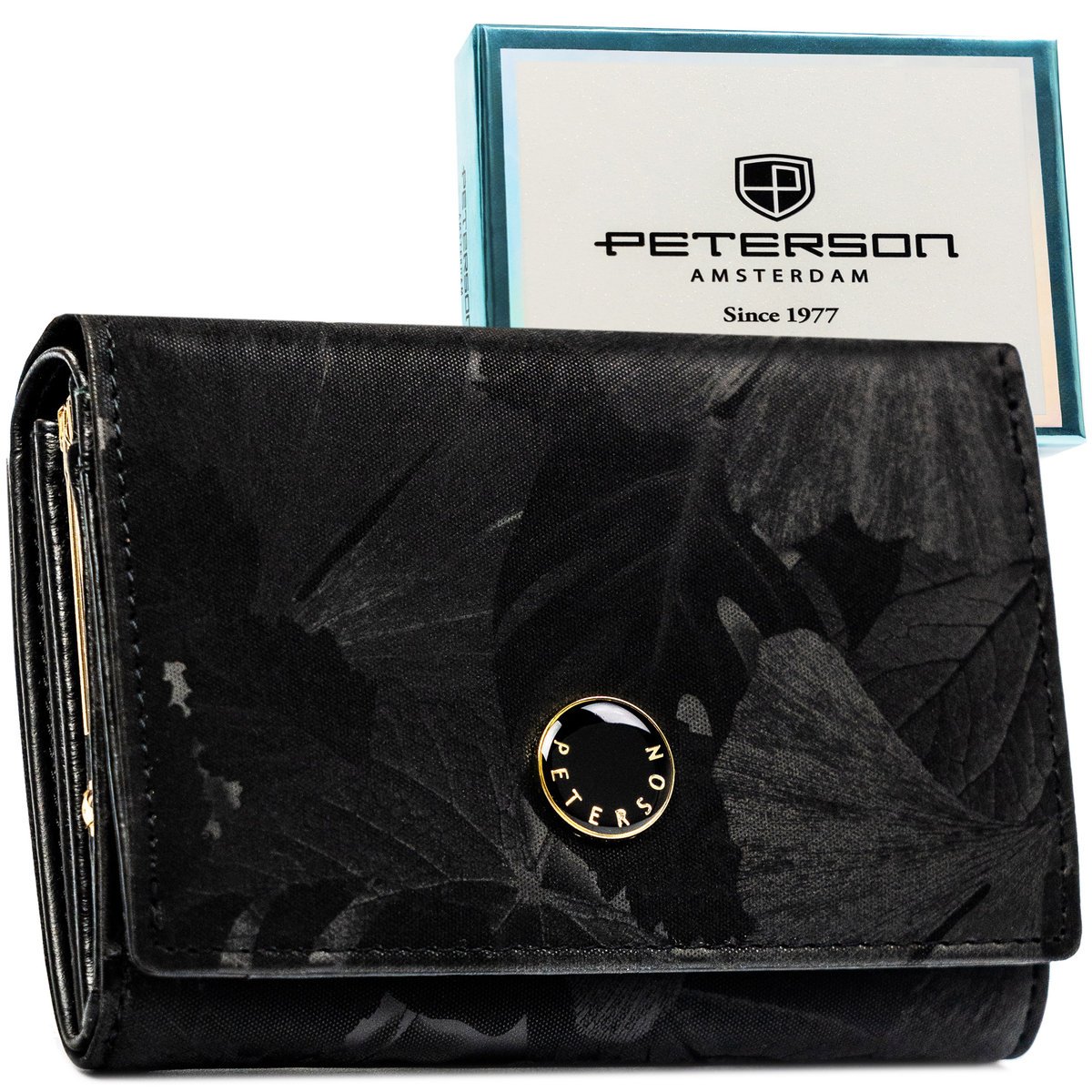 Mały portfel damski PETERSON skóra naturalna i ekologiczna czarny modny motyw roślinny elegancki na zatrzask pudełko prezentowe ochrona RFID STOP