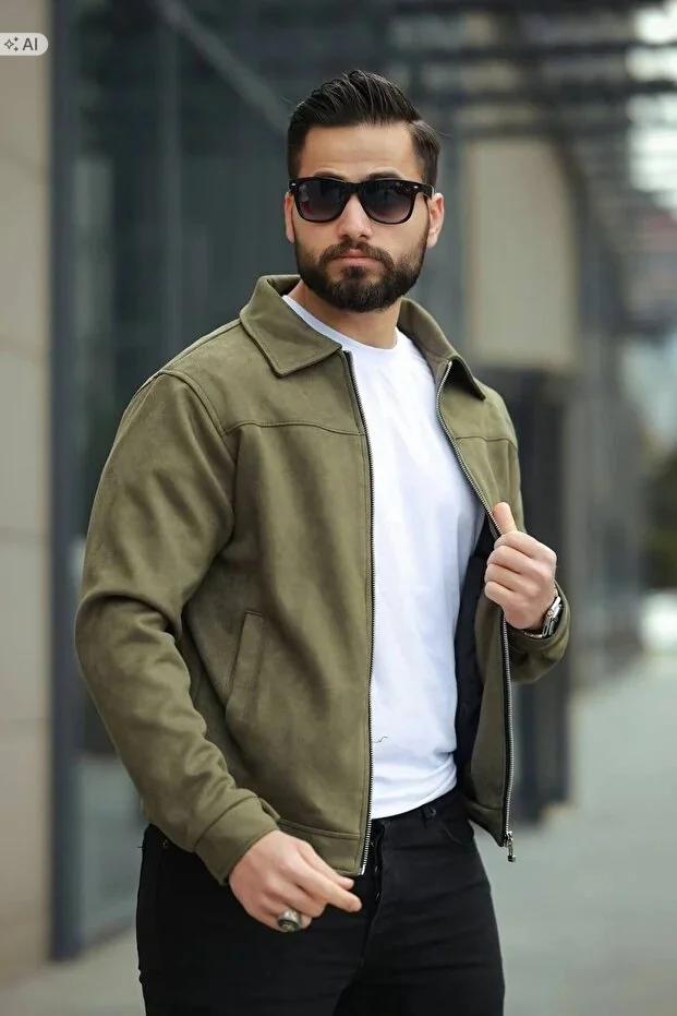 MĘSKA KURTKA ZAMSZOWA W STYLU MINIMALISTYCZNYM OLIWKOWA XXL 5IA