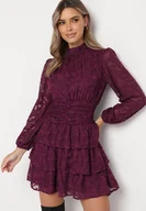 Sukienki - Fioletowa Taliowana Sukienka Mini Koronkowa z Falbankami Ciluna - miniaturka - grafika 1