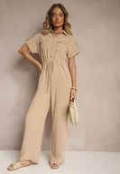 Kombinezony - Beżowy Koszulowy Kombinezon z Krótkim Rękawem Wiązany w Pasie Maraisla - miniaturka - grafika 1