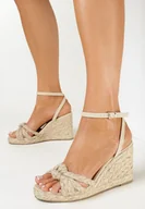 Sandały damskie - Beżowe Plecione Sandały na Koturnie Manra - miniaturka - grafika 1