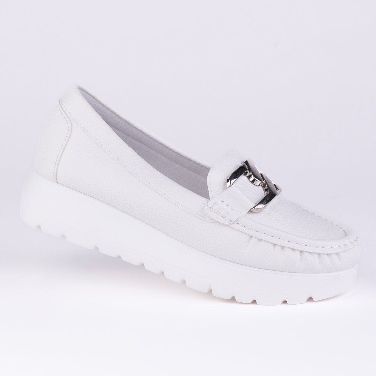 Mokasyny damskie GOODIN GD-FL787B skóra eko klamra platforma biały 39