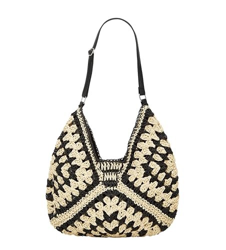 Słomkowe torby hobo dla kobiet vintage torba na ramię wszystko torba na ramię designerska torba plażowa wakacje praca na co dzień lato, Czarny regulowany pasek, One Size