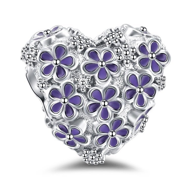 Zawieszka Charms SREBRO 925 Koralik Serce Kwiaty Fioletowe