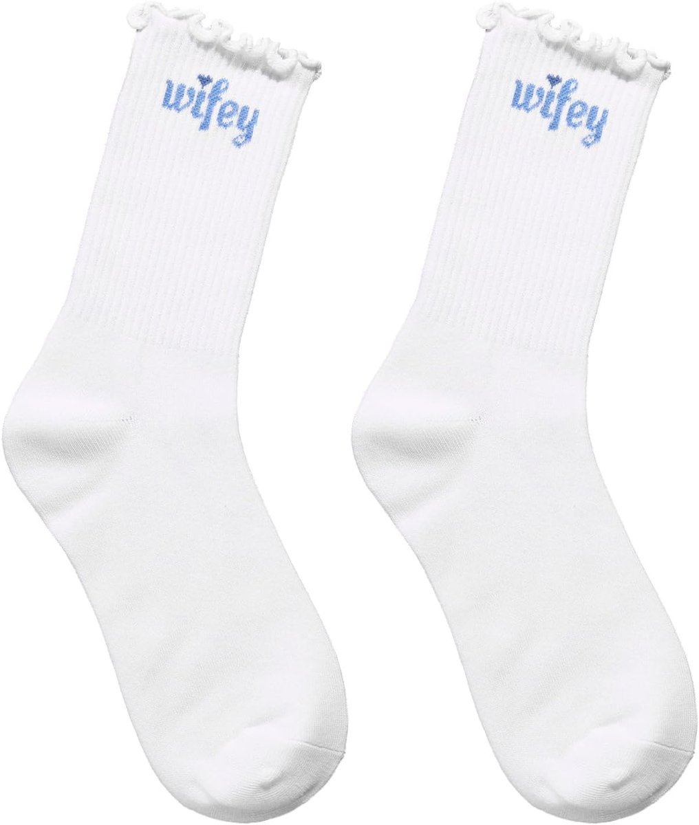 Wifey Skarpetki z Falbanką, Miękkie Bawełniane Skarpetki Ślubne w Kolorze Niebiesko-Białym Prezent Przyszłej Panny Młodej Upominek na Wieczór Panień..
