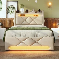 Meble do sypialni - Łóżko ze sztucznej skóry o wymiarach 90x200 cm z oświetleniem LED 360°, portami USB i typu C, wygodnym schowkiem hydraulicznym - miniaturka - grafika 1