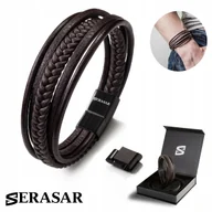 Bransolety męskie - SERASAR męska oryginalna skórzana bransoletka [Braid] - brązowa 17 cm, z magnetycznym zapięciem, modna opaska na nadgarstek, idealny prezent dla chł.. - miniaturka - grafika 1