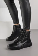 Botki damskie - Czarne Sportowe Botki ze Sznurowaną Cholewką i Ozdobnym Suwakiem Ezilare - miniaturka - grafika 1