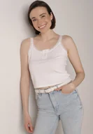 Koszulki i topy damskie - Biały Top z Bawełny Ozdobiony Guzikami i Koronką przy Dekolcie Beralie - miniaturka - grafika 1