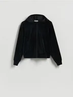 Bluzy damskie - Reserved - Welurowa bluza z kapturem - czarny - miniaturka - grafika 1