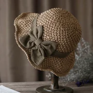 Inne - TEMU Vintage Francuski Kapelusz Damski na Słońce - Ręcznie Tkany Kapelusz Typu "Bucket" z Zawijanym Falbanką i Zieloną Kokardką, Lekki Oddychający, - miniaturka - grafika 1