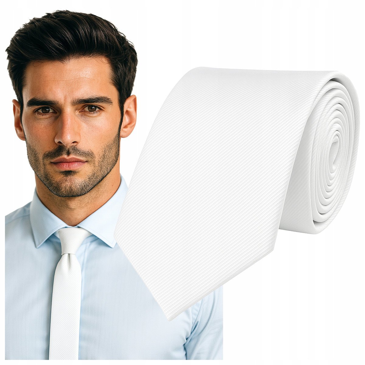 Krawat śledzik prążkowany - biały