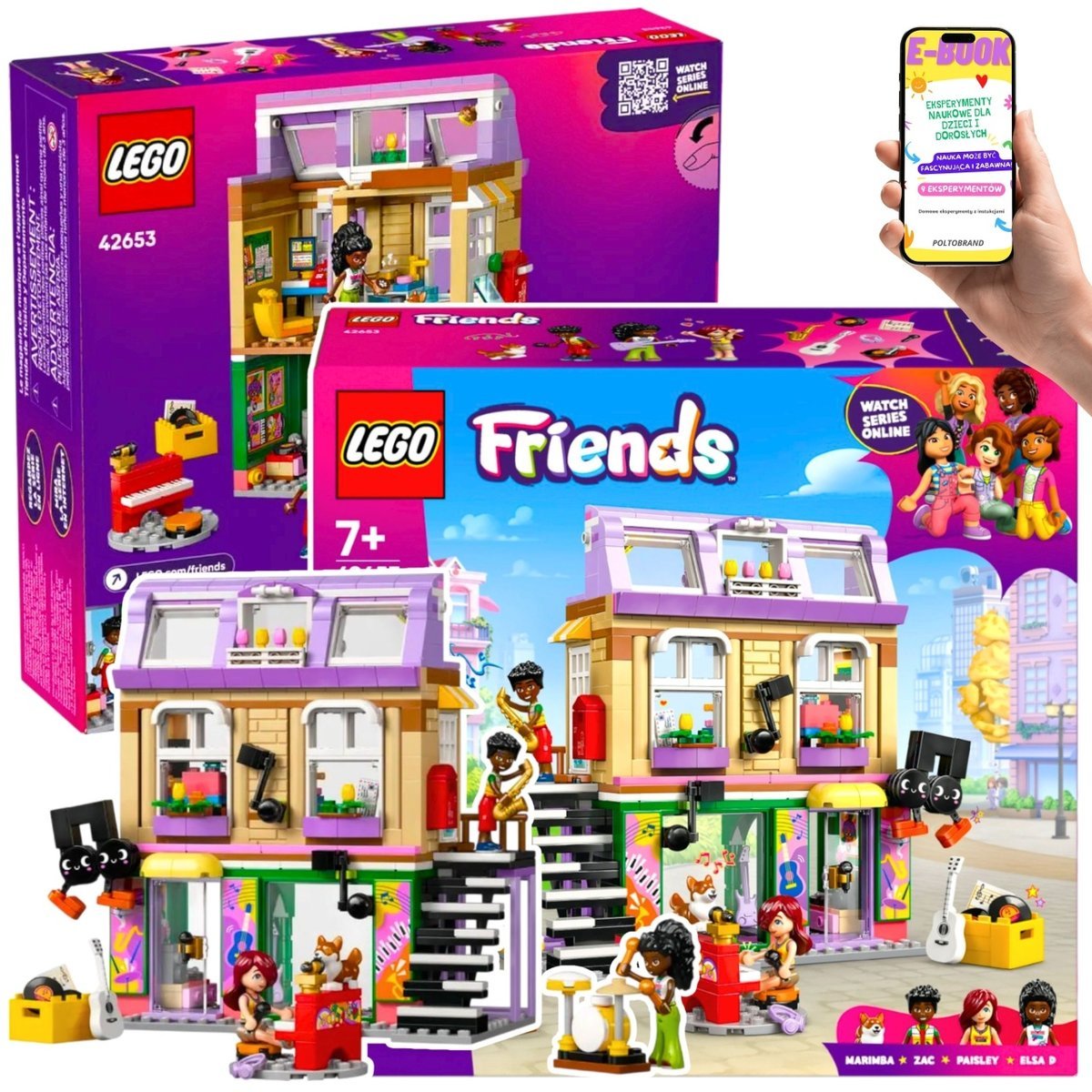 LEGO PREZENT DLA DZIEWCZYNKI 7+ LEGO® Friends Sklep Muzyczny i Mieszkanie z Figurkami i Pieskiem – Lego na Urodziny lub Święta + EBOOK