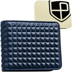 Modny granatowy portfel męski z wzorem 3D mały do kieszeni PETERSON skóra ekologiczna poziomy bez zapięcia nowoczesny pudełko prezentowe ochrona RFI.. - Portfele - miniaturka - grafika 1