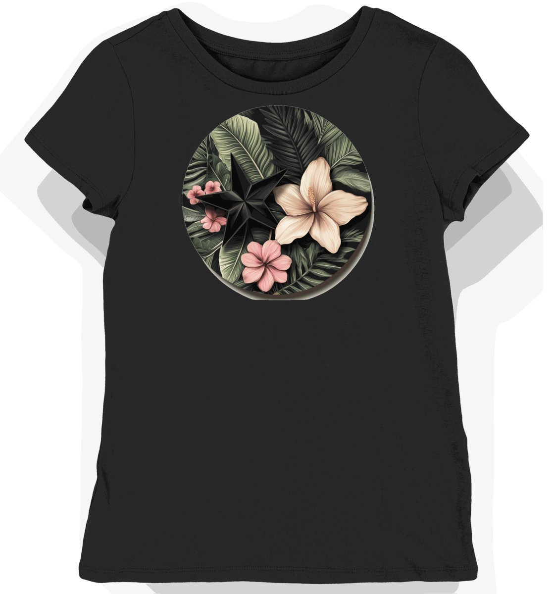 Koszulka damska czarna z motywem tropikalnych kwiatów M
