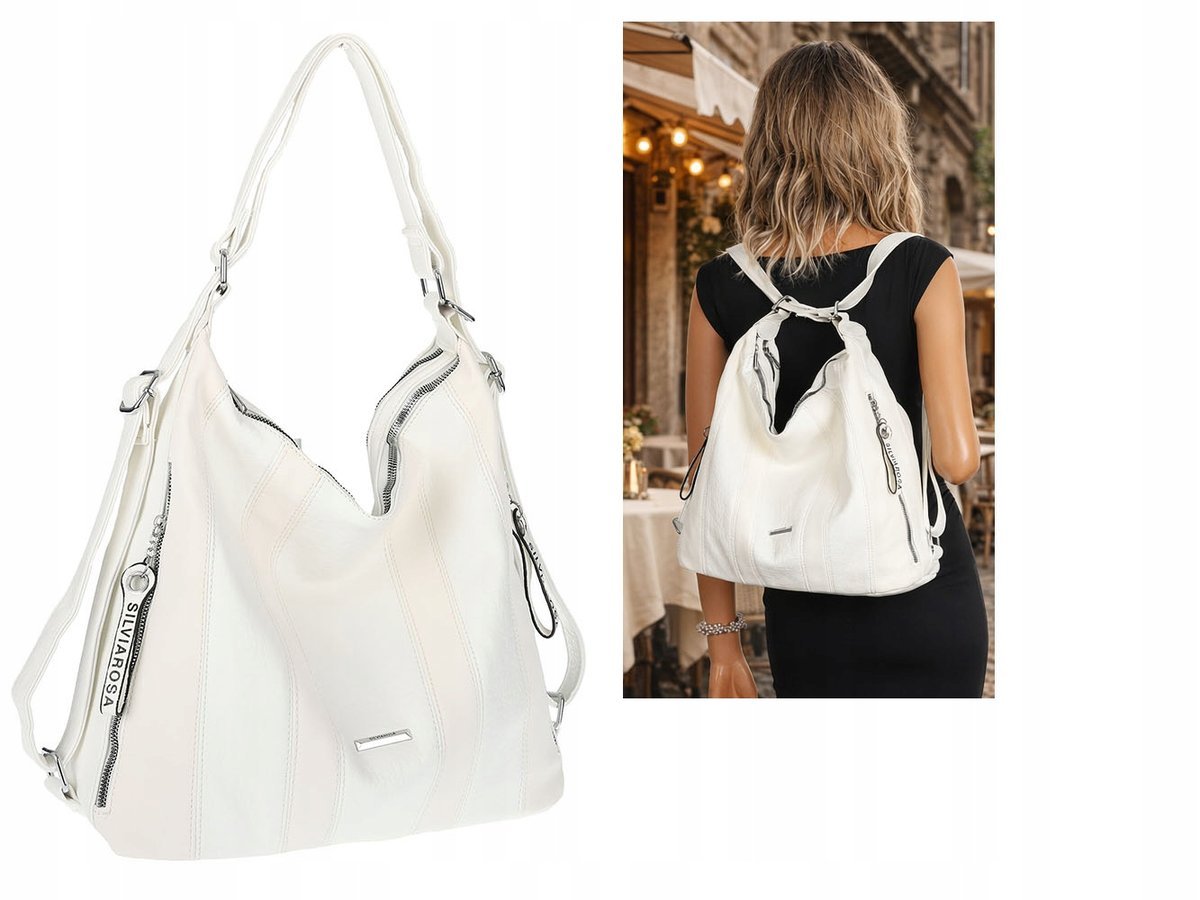 Torebka Damska Shopper Plecak Miejska 2w1 Worek Torba na Ramię SR090 Biała