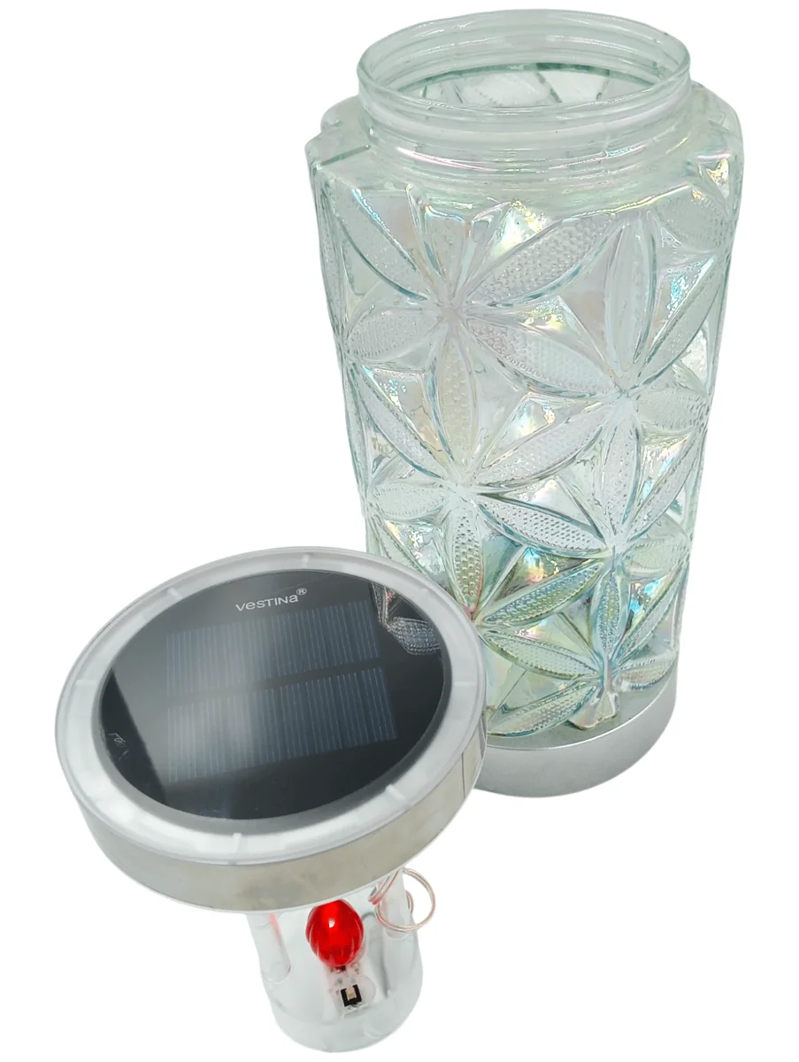 Znicz solarny kwiat srebrny - czerwona lampka - okrągła podstawa