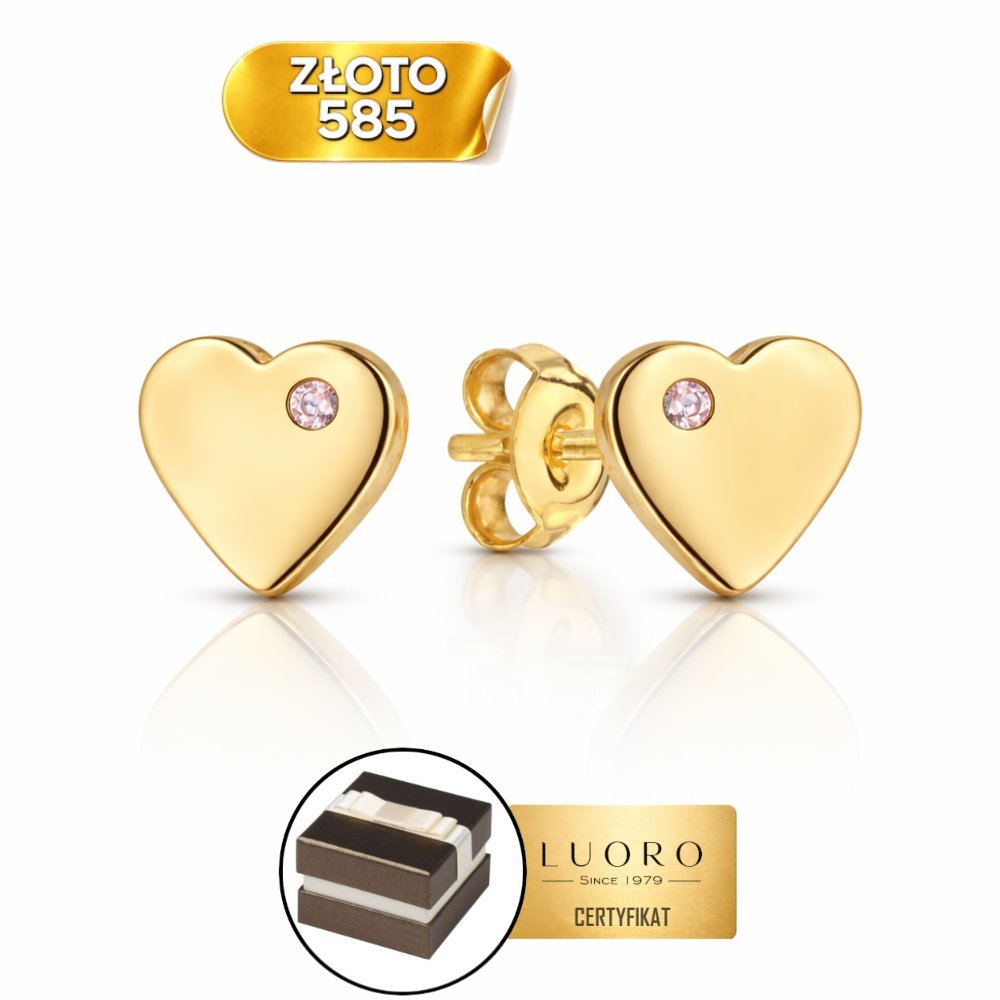 KOLCZYKI ZŁOTE 585 14K SERCE RÓŻOWA CYRKONIA SZTYFT 7X6 MM ELEGANCKIE