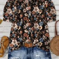 Koszule damskie - TEMU Bluzka Damska z Eleganckim Kwiatowym Nadrukiem - Krótki Rękaw, Wielokolorowy Wzór na Ciemnobrązowej Tle, Oddychająca Koszulka z Guzikami do - miniaturka - grafika 1