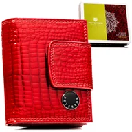 Portfele - Mały portfel damski czerwony PETERSON skórzany lakierowany elegancki na zatrzask i bigiel - miniaturka - grafika 1